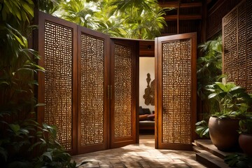 Luxurious, arched wooden doors featuring elaborate, handcrafted detailing, standing as an entrance to a grand manor with cascading vines nearby - Powered by Adobe