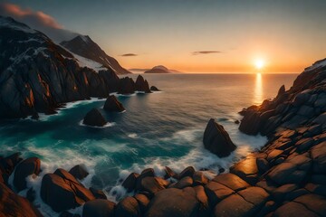 Ocean coast at sunset, panorama, Norway