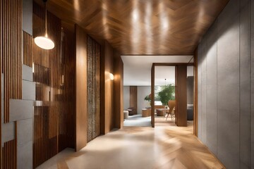 Fototapeta premium Luxurious, arched wooden doors featuring elaborate, handcrafted detailing, standing as an entrance to a grand manor with cascading vines nearby