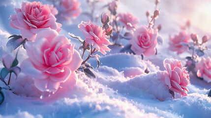 Winters Delicate Touch: Frozen Pink Flowers Amidst Snow, Natures Fragile Beauty in Cold, Frosty Blossoms - obrazy, fototapety, plakaty