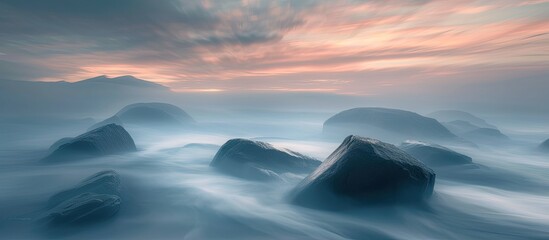 A group of rocks juts out from the water, with waves crashing against them in a dramatic display. The long exposure shot captures the rugged beauty of the coastline as the stones stand resilient - Powered by Adobe