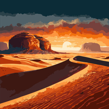 Desert landscape abstract art background. Vector illustration of Wild West desert with red sky and sun