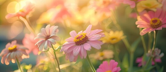 A cluster of pink and yellow daisies and zinnias scattered and blooming in the lush green grass of a garden.