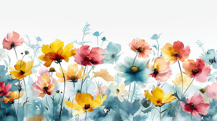 Fototapeta na wymiar Watercolor Spring Blooms: Artistic Blossom and Poppy Field, Vibrant Garden Illustration, Vintage Floral Artwork