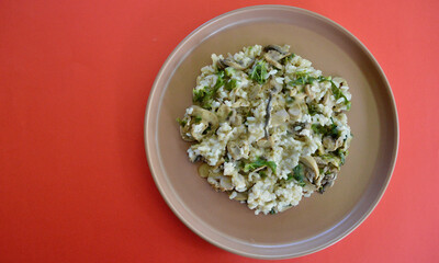 Delicious mushroom risotto with kale and parmesan cheese.