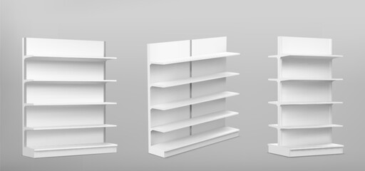White empty supermarket shelf mockup with racks for product display. Realistic 3d vector illustration set of bookcase stand in different angles of view. Blank mock up of store promotion equipment.