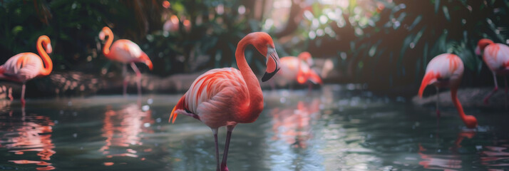 Panorama view of flamingo in tropical nature abstract background. Summer and environment concept. Generative ai.