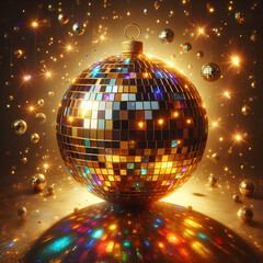 Obraz premium disco ball with disco lights party, mirror, dance, club, music, sphere, light, disco ball, nightclub, discoball, reflection, christmas, decoration,,Ai generated 