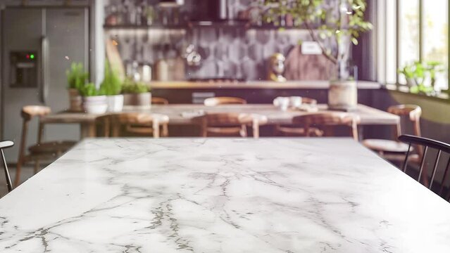 empty marble table top view with blurred home kitchen. seamless looping overlay 4k virtual video animation background