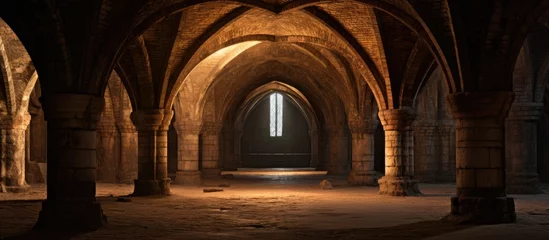 Fotobehang This image shows a dimly lit room with architectural arches and columns reminiscent of a medieval church cellar. The arched doorways and columns create a sense of history and grandeur in the space. © Vusal