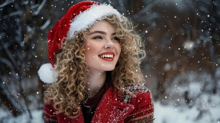 A woman wearing a Santa hat stands in the snow-covered landscape