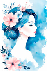 Beautiful silhouette of a woman with an floral hairstyle in sky blue, and peach fuzz colors.