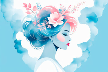 Beautiful silhouette of a woman with an floral hairstyle in sky blue, and peach fuzz colors.