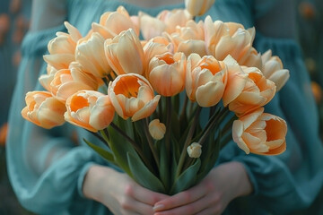 A bouquet of peach tulips in female hands.
