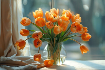 A bouquet of yellow tulips in a vase, near the window.