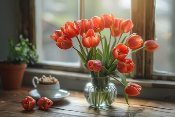 A bouquet of red tulips in a vase on the table. Spring concept.