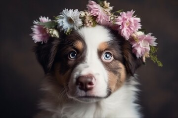 Portrait of a cute puppy with a wreath of pink flowers on his head	