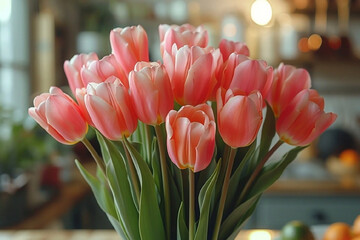A bouquet of pink tulips in a vase on the table. Spring concept.