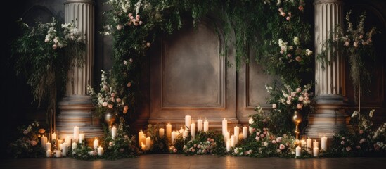 A decorative display of candles arranged in front of a wall, creating a warm and inviting atmosphere. The candles are part of a luxury wedding reception or birthday party decor, - obrazy, fototapety, plakaty