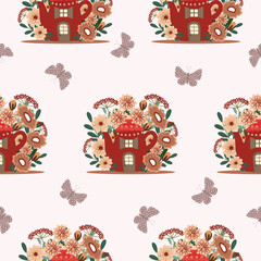 Cute Teahouse in Garden hand drawn seamless pattern vector illustration for decorate invitation greeting birthday party celebration wedding card poster banner textile wallpaper paper wrap background