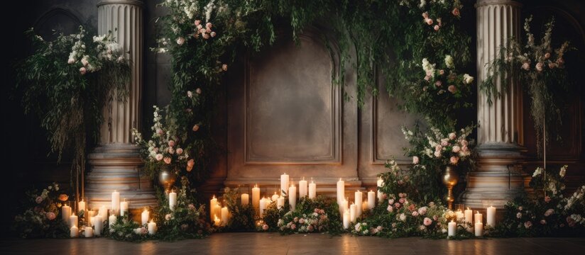 A decorative display of candles arranged in front of a wall, creating a warm and inviting atmosphere. The candles are part of a luxury wedding reception or birthday party decor,
