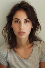 Close-up of a gorgeous young woman looking at the camera, showcasing natural beauty and simplicity