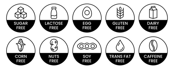Set allergen free icons. Allergen free products. Products warning symbols. Lactose free, gluten free, sugar free, corn free, egg free, trans fat free, soy free, nuts free, coffeine free sign.