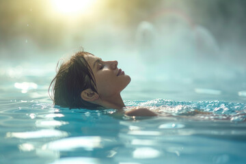 Relaxed woman enjoying in water massage at thermal pool
