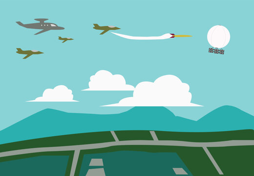 A group of fighter planes chase a spy balloon. Editable Clip Art.