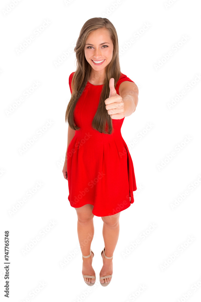 Poster Portrait, smile and woman with thumbs up for success, vote or sign for support. Happy person, like or hand gesture for agreement, feedback or review emoji isolated on a white studio background mockup