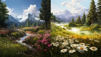 A mountain vista, a field of wildflowers - obrazy, fototapety, plakaty