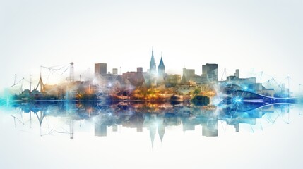 Naklejka premium Smart city and communication network. Digital transformation, business, building, modern, urban, technology, connection, information, innovation, capita, future