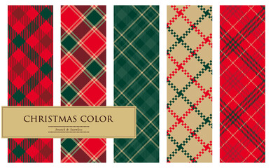 赤×緑×金色のクリスマスカラーのチェックパターンセット2