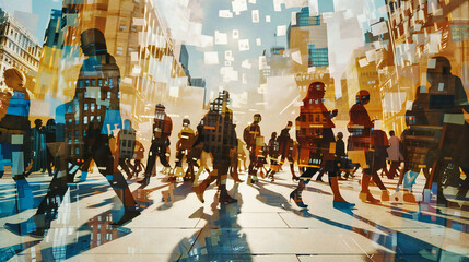 Urban Scene with Blurred People, Busy City Life, Abstract Street Motion, Sunny Day in Metropolitan Area - obrazy, fototapety, plakaty