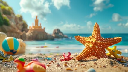 Fototapeta na wymiar Vibrant beach day scene with starfish and sandcastles under a clear summer sky