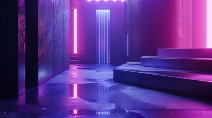 Close up of a 3D geometric neon futuristic virtual reality scene in a dark random setting