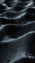 A dark close up 3D view of geometric wavy shapes in a cyberpunk setting