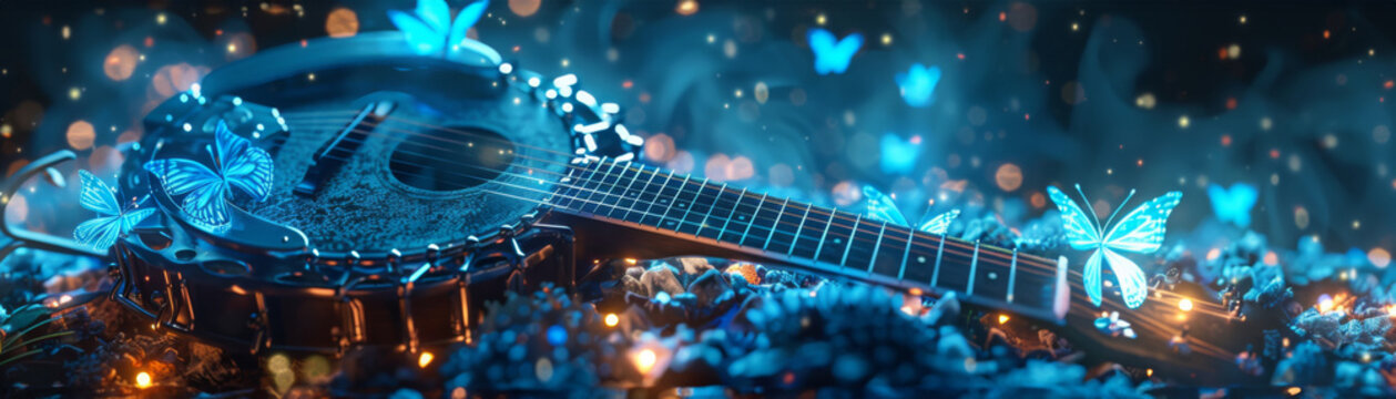 Digital art close up of a robotic banjo instrument with glowing butterflies in a random creative setting