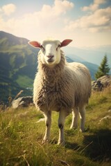 Cute sheep in a field on the background of mountains