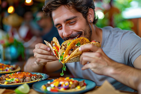 Young man eating tacos at Mexican restaurant