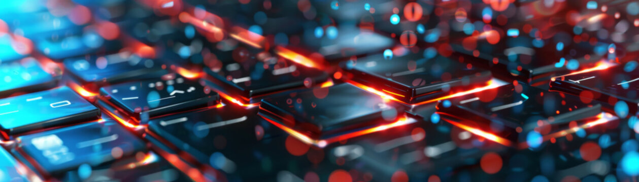 Close up of 3D cybersecurity with keyloggers protection keyboard codes and flashing in a bright random setting