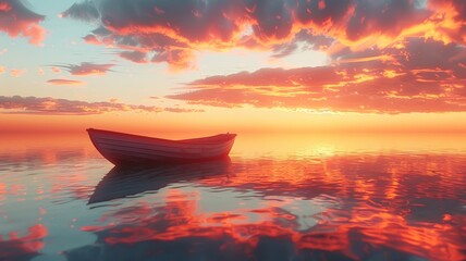 Solitary boat on a calm sea under a mesmerizing dawn sky reflecting on tranquil waters