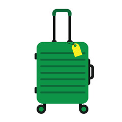 a green travel suitcase with wheels and handle