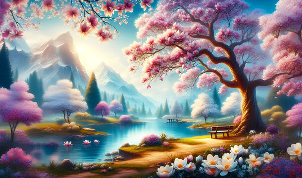 Panorama of beautiful spring landscape with blooming magnolia tree and lake. Horizontal digital painting. generative ai