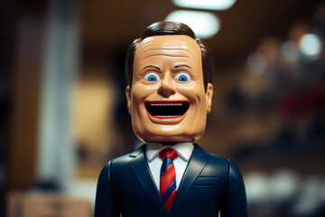 Bad plastic puppet politician or business man, with an creepy grin - obrazy, fototapety, plakaty