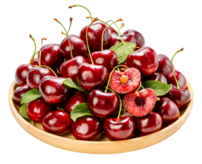 Red Cherry in wooden plate isolated on white background, Red Cherry on White Background PNG File.