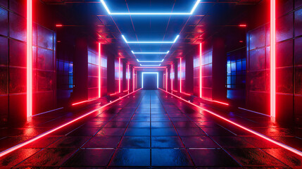 Ultraviolet Neon Tunnel: Futuristic Blue and Pink Lights, Abstract Space Design, Modern Illumination Concept