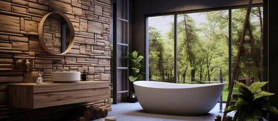 A modern bathroom featuring a stone wall and a spacious tub, integrated with wooden decor in eco style. The stone wall adds a rustic touch while the large tub offers a luxurious bathing experience.
