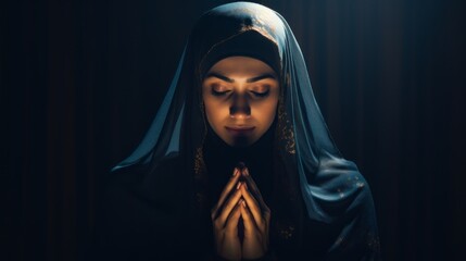 Fototapeta na wymiar A beautiful young Muslim woman, wearing a traditional dress and hijab, Performs Divine services, Prays on a black background in a Mosque. Religion, Faith in God, Islam, Ramadan, Eid al-Adha concepts.