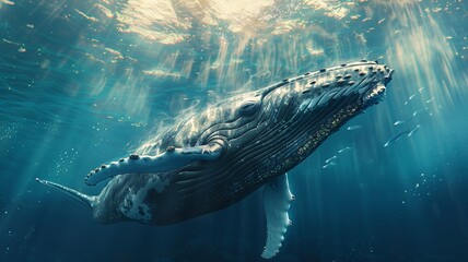 A majestic humpback whale gliding through the sunlit underwater world, showcasing the beauty and grace of marine life.